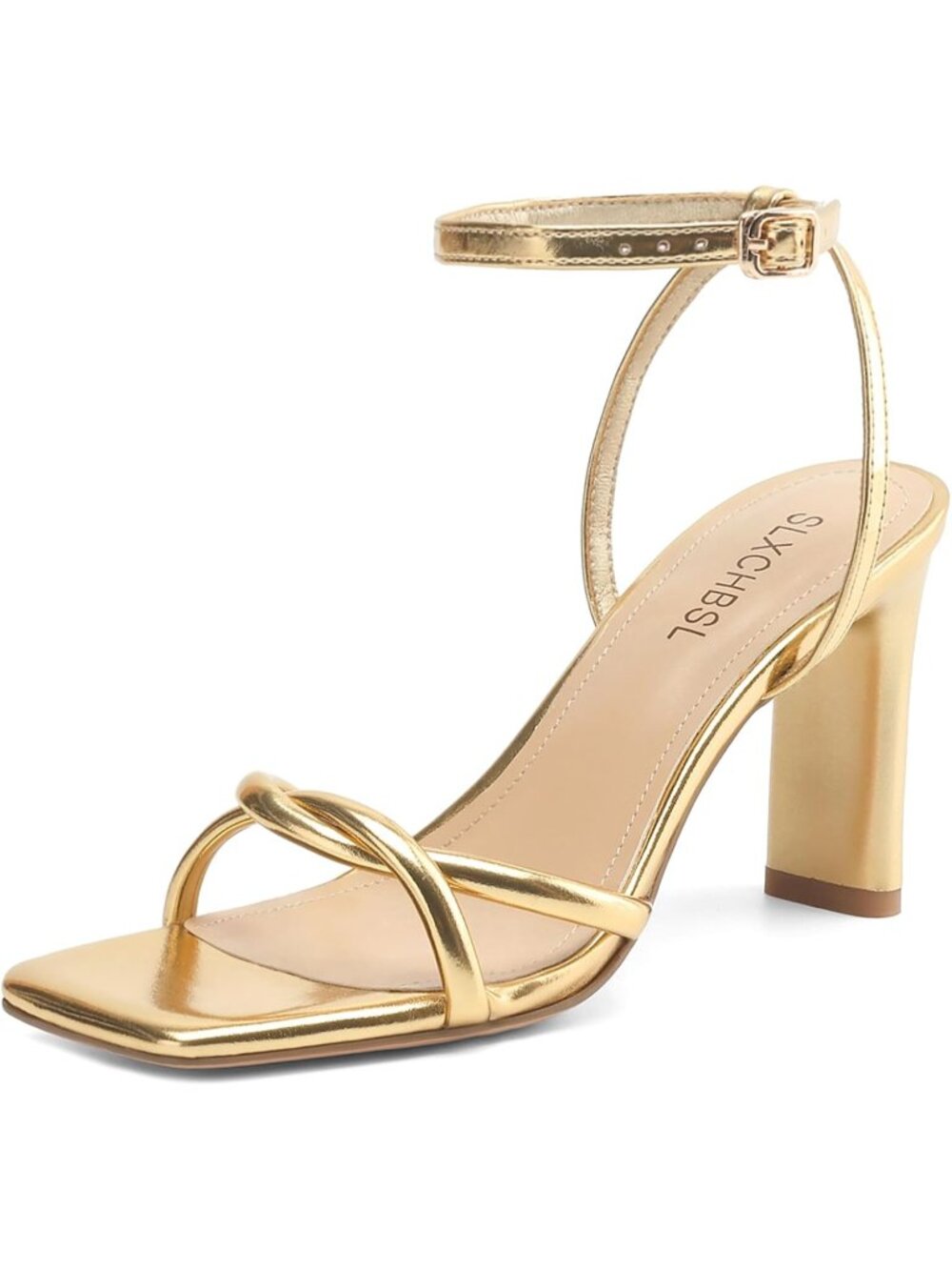 Women's Gold Comfortable Adjustable Strappy Square Open Toe Heeled Sandals